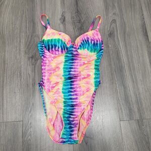 Vintage 90s Swimsuit Size Medium One piece Tie Die NeonHigh Cut Beach Lingo